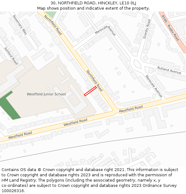 30, NORTHFIELD ROAD, HINCKLEY, LE10 0LJ: Location map and indicative extent of plot