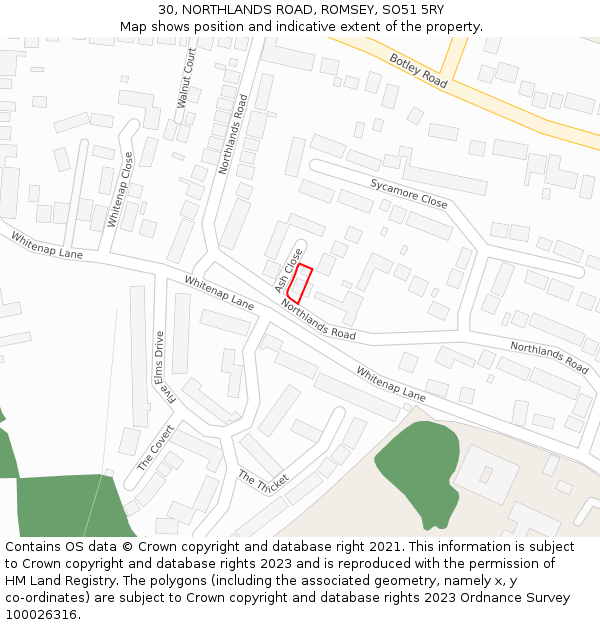 30, NORTHLANDS ROAD, ROMSEY, SO51 5RY: Location map and indicative extent of plot