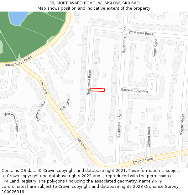 30, NORTHWARD ROAD, WILMSLOW, SK9 6AD: Location map and indicative extent of plot