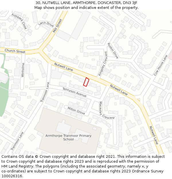 30, NUTWELL LANE, ARMTHORPE, DONCASTER, DN3 3JF: Location map and indicative extent of plot