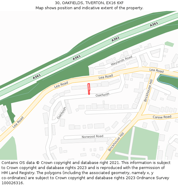 30, OAKFIELDS, TIVERTON, EX16 6XF: Location map and indicative extent of plot