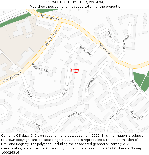 30, OAKHURST, LICHFIELD, WS14 9AJ: Location map and indicative extent of plot