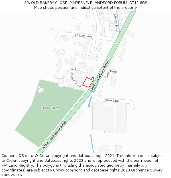 30, OLD BAKERY CLOSE, PIMPERNE, BLANDFORD FORUM, DT11 8BS: Location map and indicative extent of plot