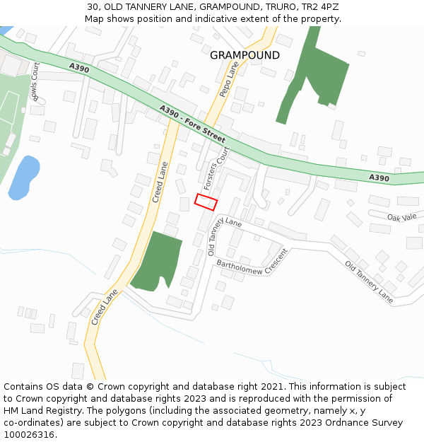 30, OLD TANNERY LANE, GRAMPOUND, TRURO, TR2 4PZ: Location map and indicative extent of plot