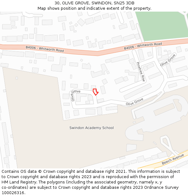 30, OLIVE GROVE, SWINDON, SN25 3DB: Location map and indicative extent of plot