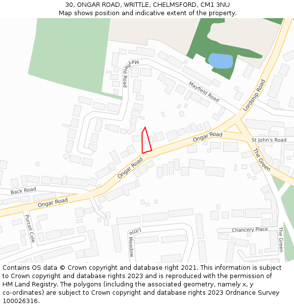 30, ONGAR ROAD, WRITTLE, CHELMSFORD, CM1 3NU: Location map and indicative extent of plot