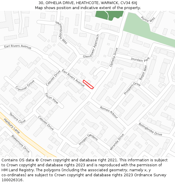 30, OPHELIA DRIVE, HEATHCOTE, WARWICK, CV34 6XJ: Location map and indicative extent of plot