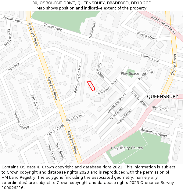 30, OSBOURNE DRIVE, QUEENSBURY, BRADFORD, BD13 2GD: Location map and indicative extent of plot