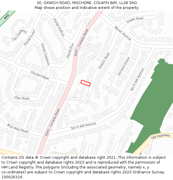 30, OXWICH ROAD, MOCHDRE, COLWYN BAY, LL28 5AG: Location map and indicative extent of plot