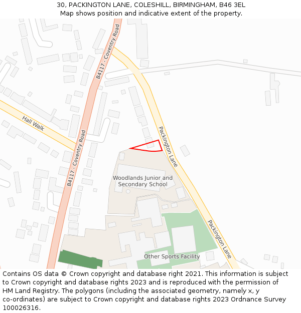 30, PACKINGTON LANE, COLESHILL, BIRMINGHAM, B46 3EL: Location map and indicative extent of plot