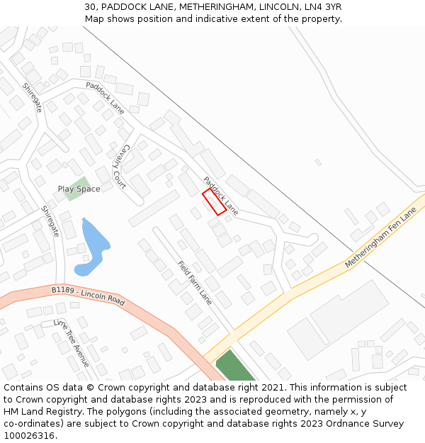 30, PADDOCK LANE, METHERINGHAM, LINCOLN, LN4 3YR: Location map and indicative extent of plot