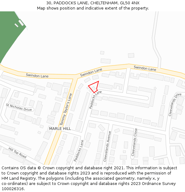 30, PADDOCKS LANE, CHELTENHAM, GL50 4NX: Location map and indicative extent of plot