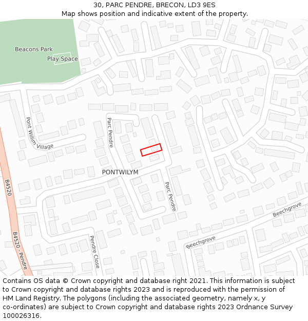 30, PARC PENDRE, BRECON, LD3 9ES: Location map and indicative extent of plot