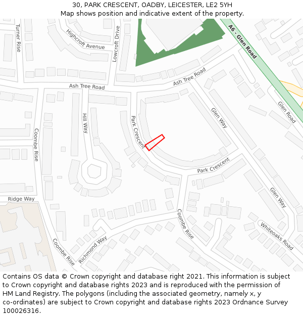 30, PARK CRESCENT, OADBY, LEICESTER, LE2 5YH: Location map and indicative extent of plot