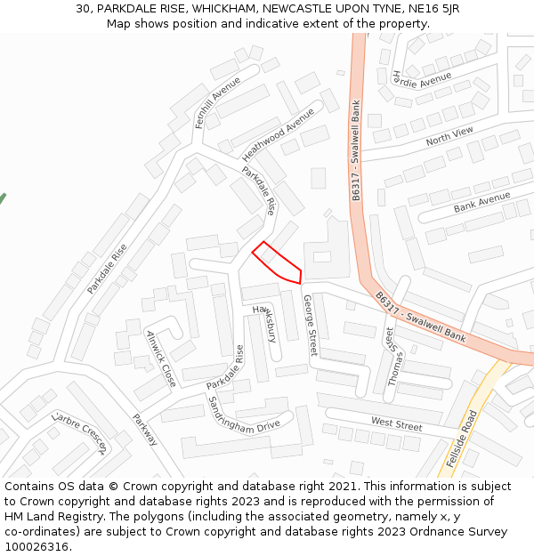 30, PARKDALE RISE, WHICKHAM, NEWCASTLE UPON TYNE, NE16 5JR: Location map and indicative extent of plot