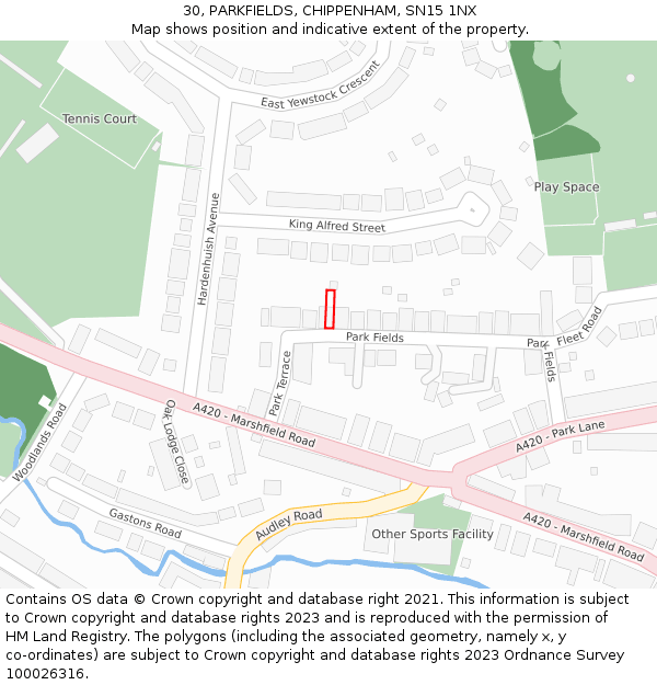 30, PARKFIELDS, CHIPPENHAM, SN15 1NX: Location map and indicative extent of plot