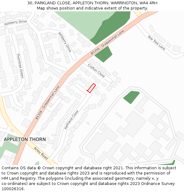 30, PARKLAND CLOSE, APPLETON THORN, WARRINGTON, WA4 4RH: Location map and indicative extent of plot