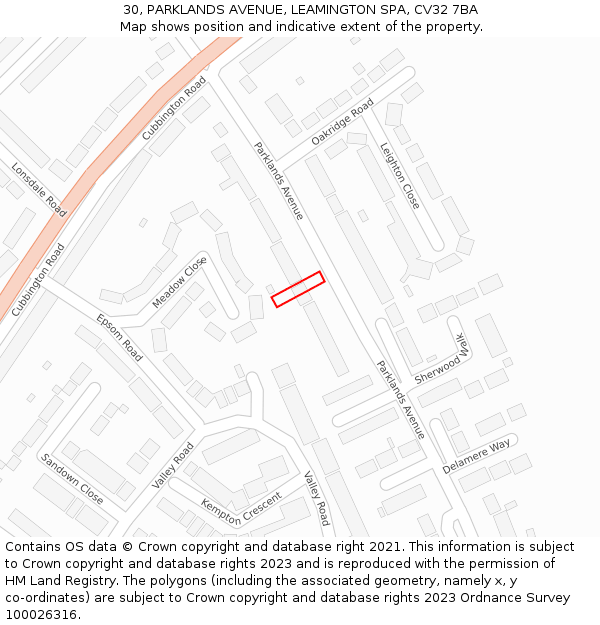 30, PARKLANDS AVENUE, LEAMINGTON SPA, CV32 7BA: Location map and indicative extent of plot