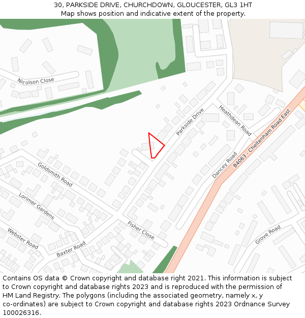 30, PARKSIDE DRIVE, CHURCHDOWN, GLOUCESTER, GL3 1HT: Location map and indicative extent of plot