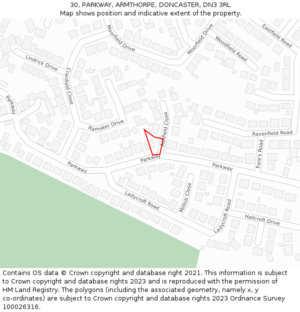 30, PARKWAY, ARMTHORPE, DONCASTER, DN3 3RL: Location map and indicative extent of plot