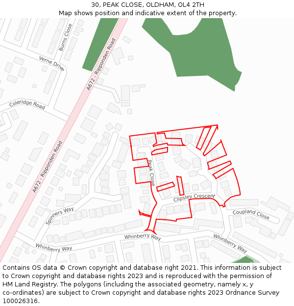 30, PEAK CLOSE, OLDHAM, OL4 2TH: Location map and indicative extent of plot