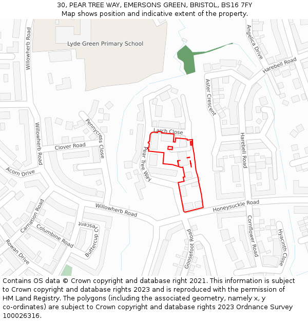 30, PEAR TREE WAY, EMERSONS GREEN, BRISTOL, BS16 7FY: Location map and indicative extent of plot