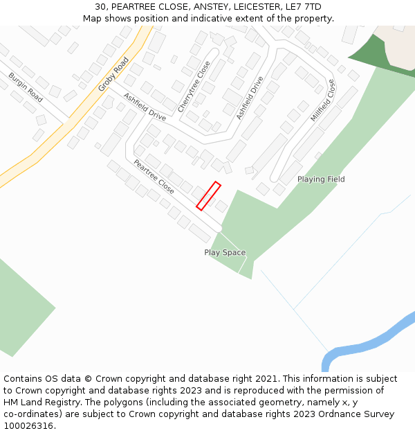 30, PEARTREE CLOSE, ANSTEY, LEICESTER, LE7 7TD: Location map and indicative extent of plot