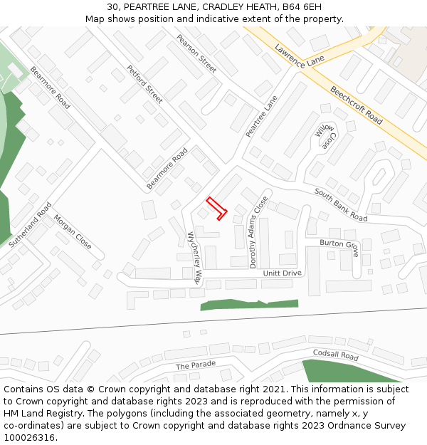 30, PEARTREE LANE, CRADLEY HEATH, B64 6EH: Location map and indicative extent of plot