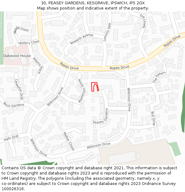 30, PEASEY GARDENS, KESGRAVE, IPSWICH, IP5 2GX: Location map and indicative extent of plot