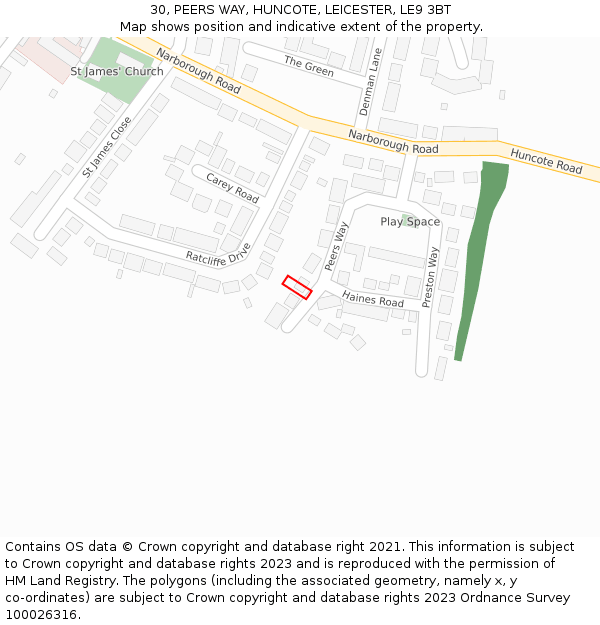 30, PEERS WAY, HUNCOTE, LEICESTER, LE9 3BT: Location map and indicative extent of plot