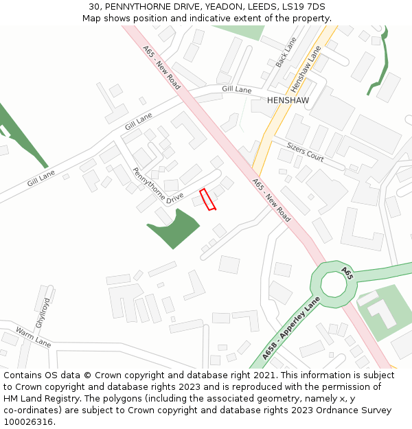 30, PENNYTHORNE DRIVE, YEADON, LEEDS, LS19 7DS: Location map and indicative extent of plot