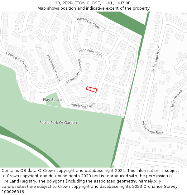 30, PEPPLETON CLOSE, HULL, HU7 0EL: Location map and indicative extent of plot