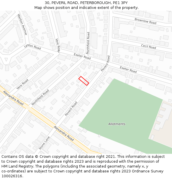 30, PEVERIL ROAD, PETERBOROUGH, PE1 3PY: Location map and indicative extent of plot