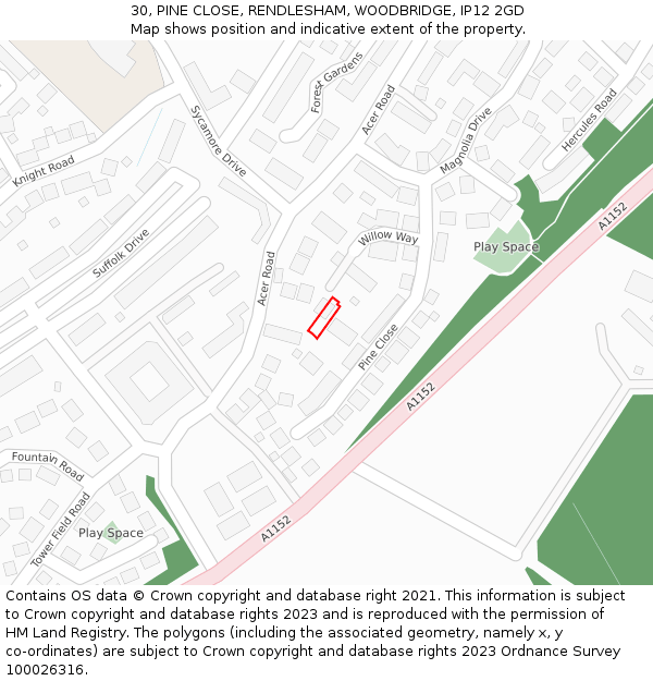 30, PINE CLOSE, RENDLESHAM, WOODBRIDGE, IP12 2GD: Location map and indicative extent of plot