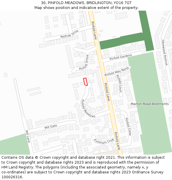 30, PINFOLD MEADOWS, BRIDLINGTON, YO16 7GT: Location map and indicative extent of plot