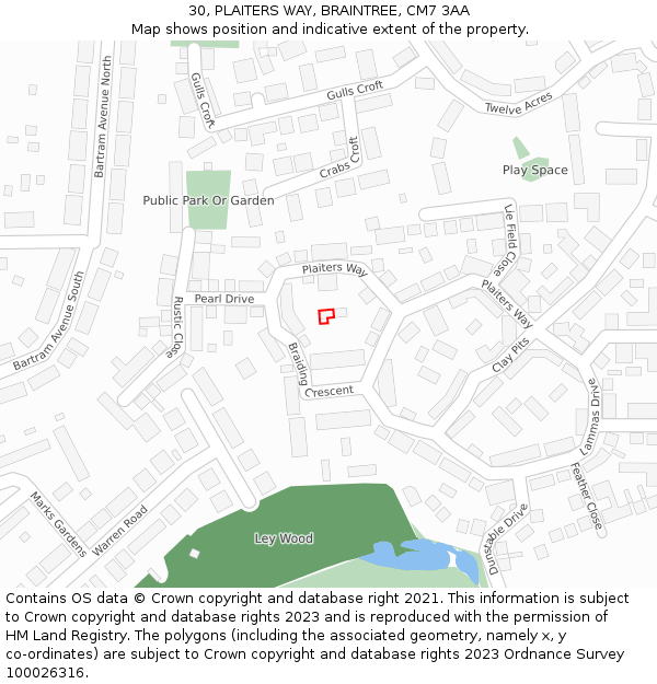 30, PLAITERS WAY, BRAINTREE, CM7 3AA: Location map and indicative extent of plot