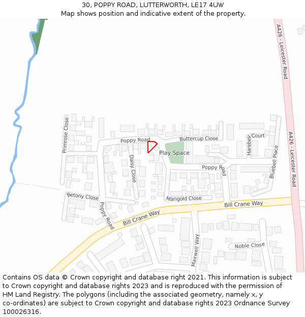30, POPPY ROAD, LUTTERWORTH, LE17 4UW: Location map and indicative extent of plot