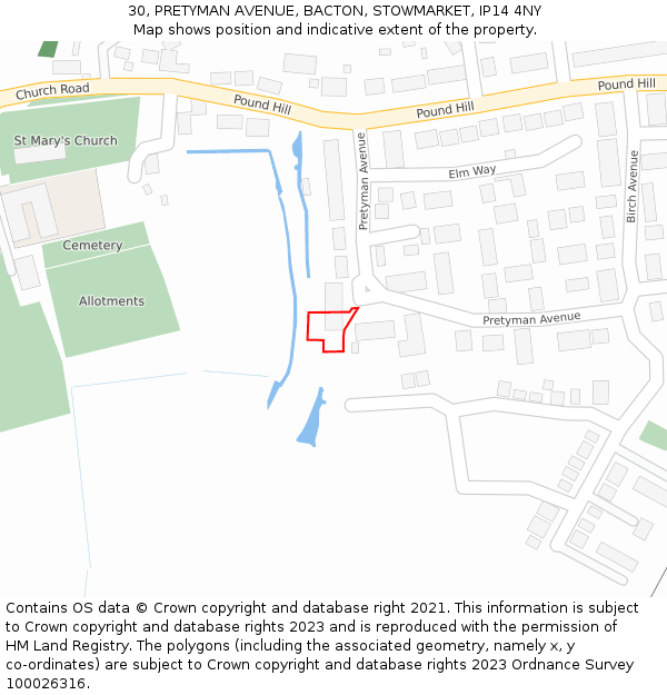 30, PRETYMAN AVENUE, BACTON, STOWMARKET, IP14 4NY: Location map and indicative extent of plot