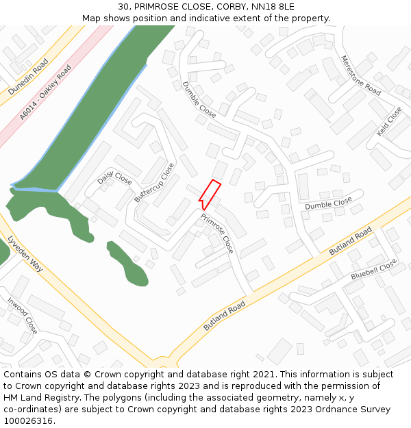 30, PRIMROSE CLOSE, CORBY, NN18 8LE: Location map and indicative extent of plot