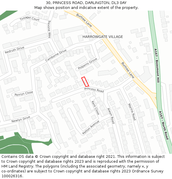 30, PRINCESS ROAD, DARLINGTON, DL3 0AY: Location map and indicative extent of plot