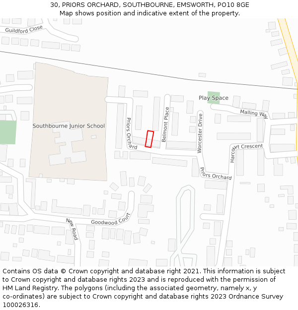 30, PRIORS ORCHARD, SOUTHBOURNE, EMSWORTH, PO10 8GE: Location map and indicative extent of plot