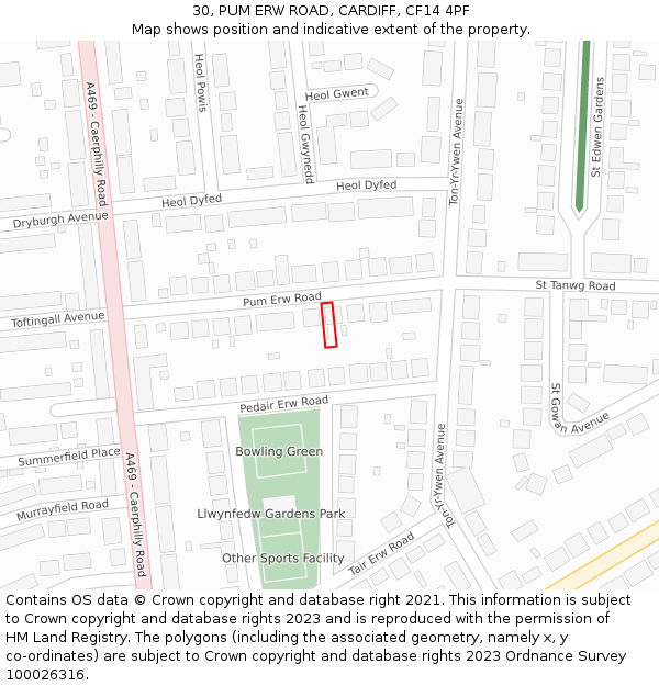 30, PUM ERW ROAD, CARDIFF, CF14 4PF: Location map and indicative extent of plot
