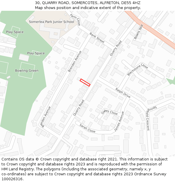 30, QUARRY ROAD, SOMERCOTES, ALFRETON, DE55 4HZ: Location map and indicative extent of plot