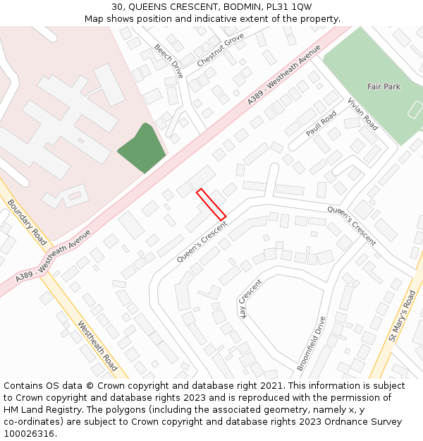 30, QUEENS CRESCENT, BODMIN, PL31 1QW: Location map and indicative extent of plot