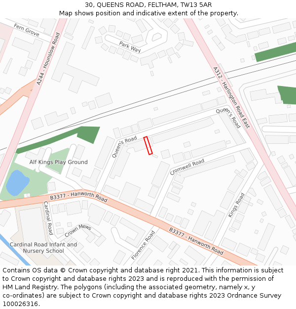 30, QUEENS ROAD, FELTHAM, TW13 5AR: Location map and indicative extent of plot