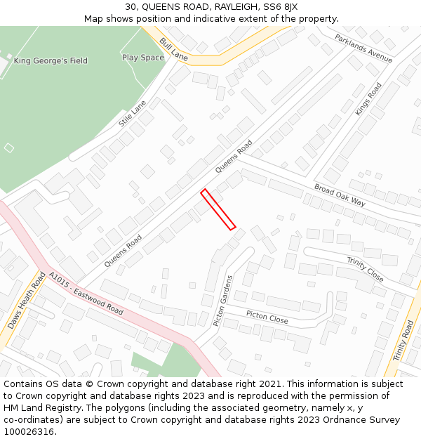 30, QUEENS ROAD, RAYLEIGH, SS6 8JX: Location map and indicative extent of plot