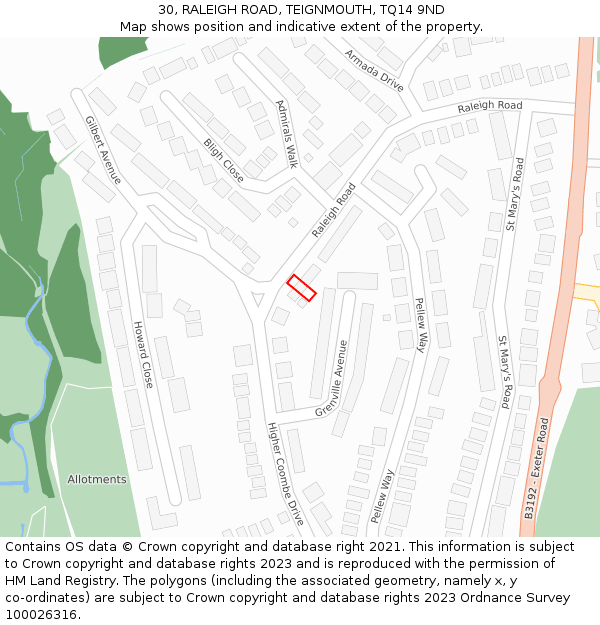 30, RALEIGH ROAD, TEIGNMOUTH, TQ14 9ND: Location map and indicative extent of plot