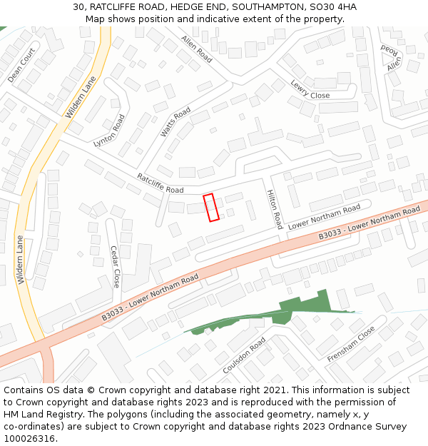 30, RATCLIFFE ROAD, HEDGE END, SOUTHAMPTON, SO30 4HA: Location map and indicative extent of plot