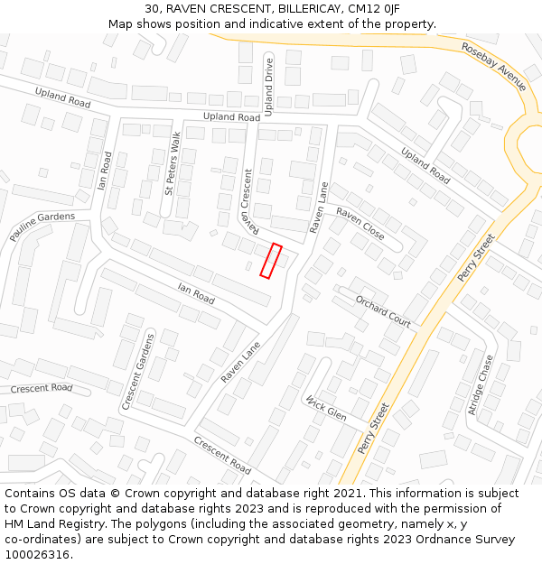 30, RAVEN CRESCENT, BILLERICAY, CM12 0JF: Location map and indicative extent of plot