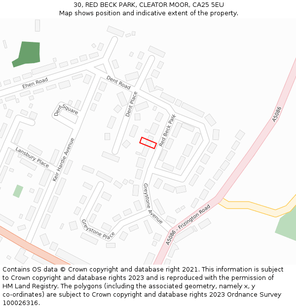 30, RED BECK PARK, CLEATOR MOOR, CA25 5EU: Location map and indicative extent of plot